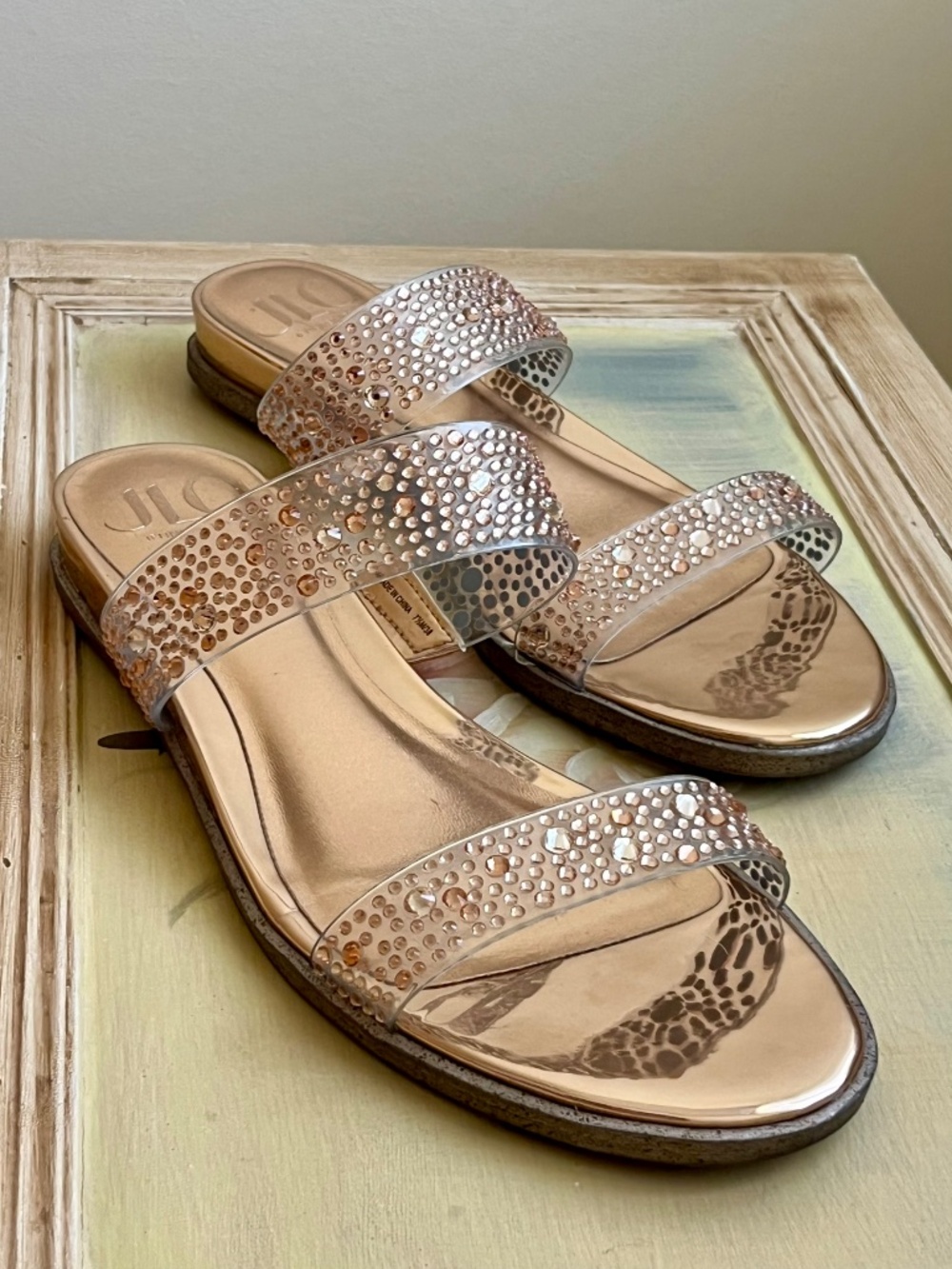 JLO Jennifer Lopez Rose Gold Rhinestone Slide Sandals size 7.5